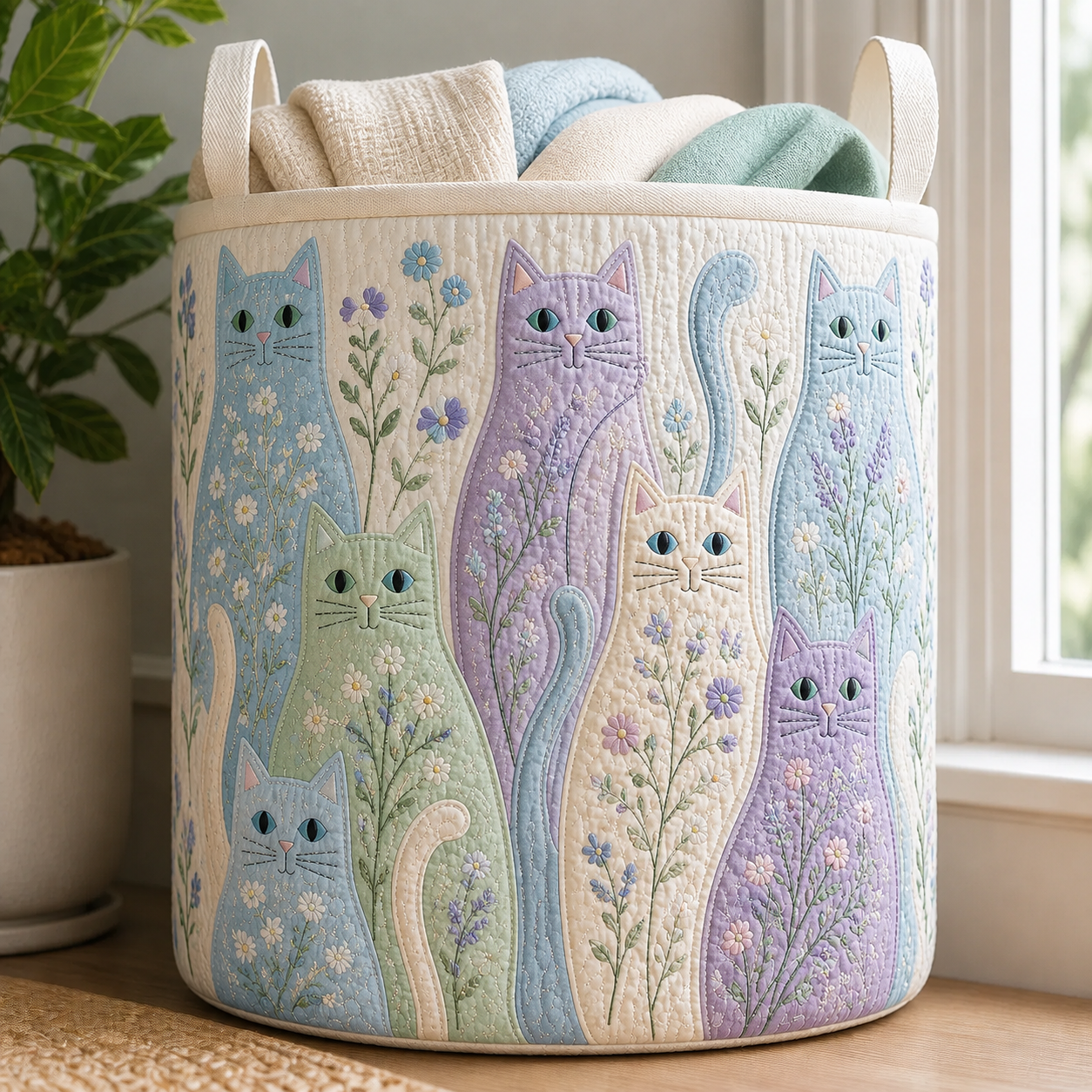 Pastel Cat Floral Quilted Laundry Basket