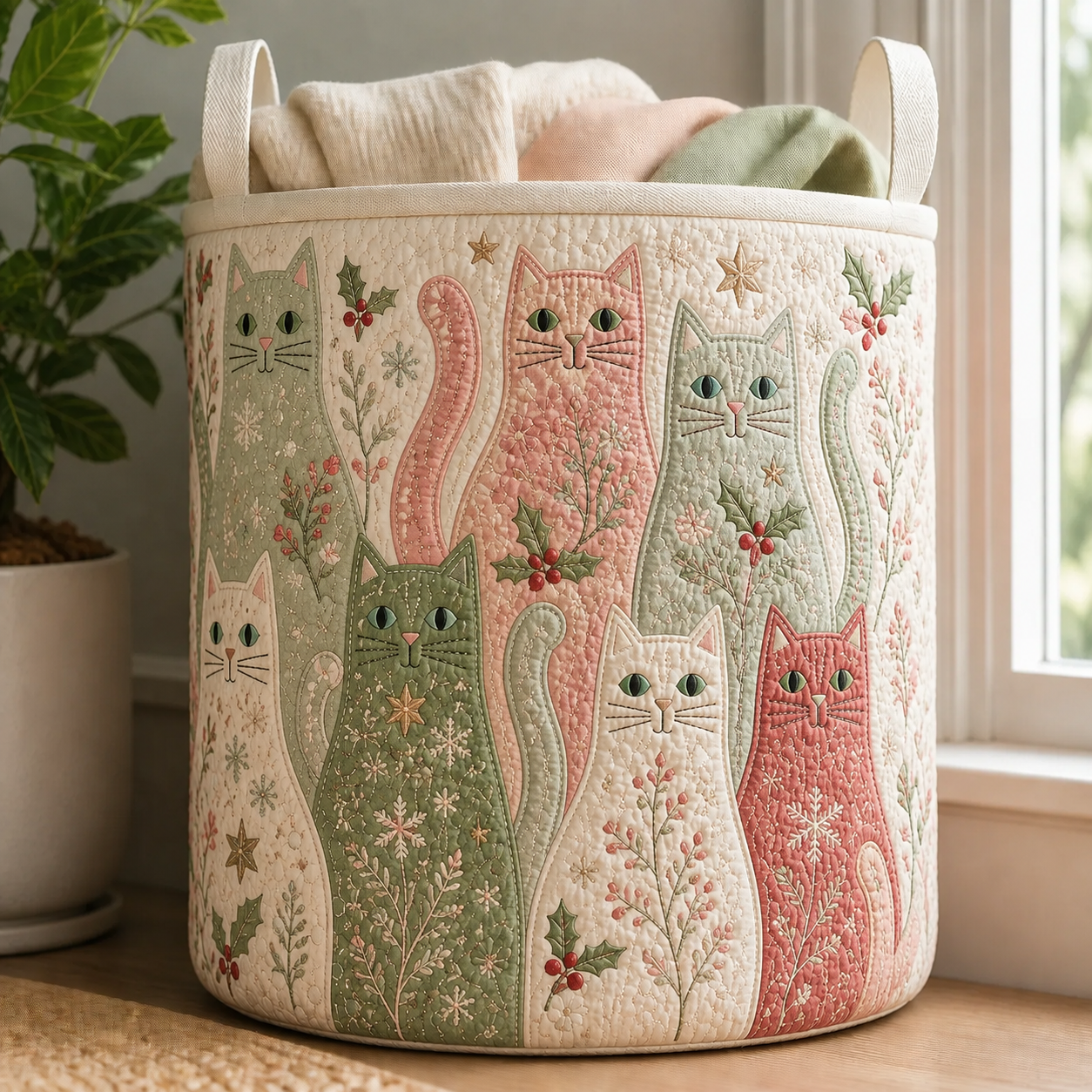 Christmas Pastel Cat Quilted Laundry Basket