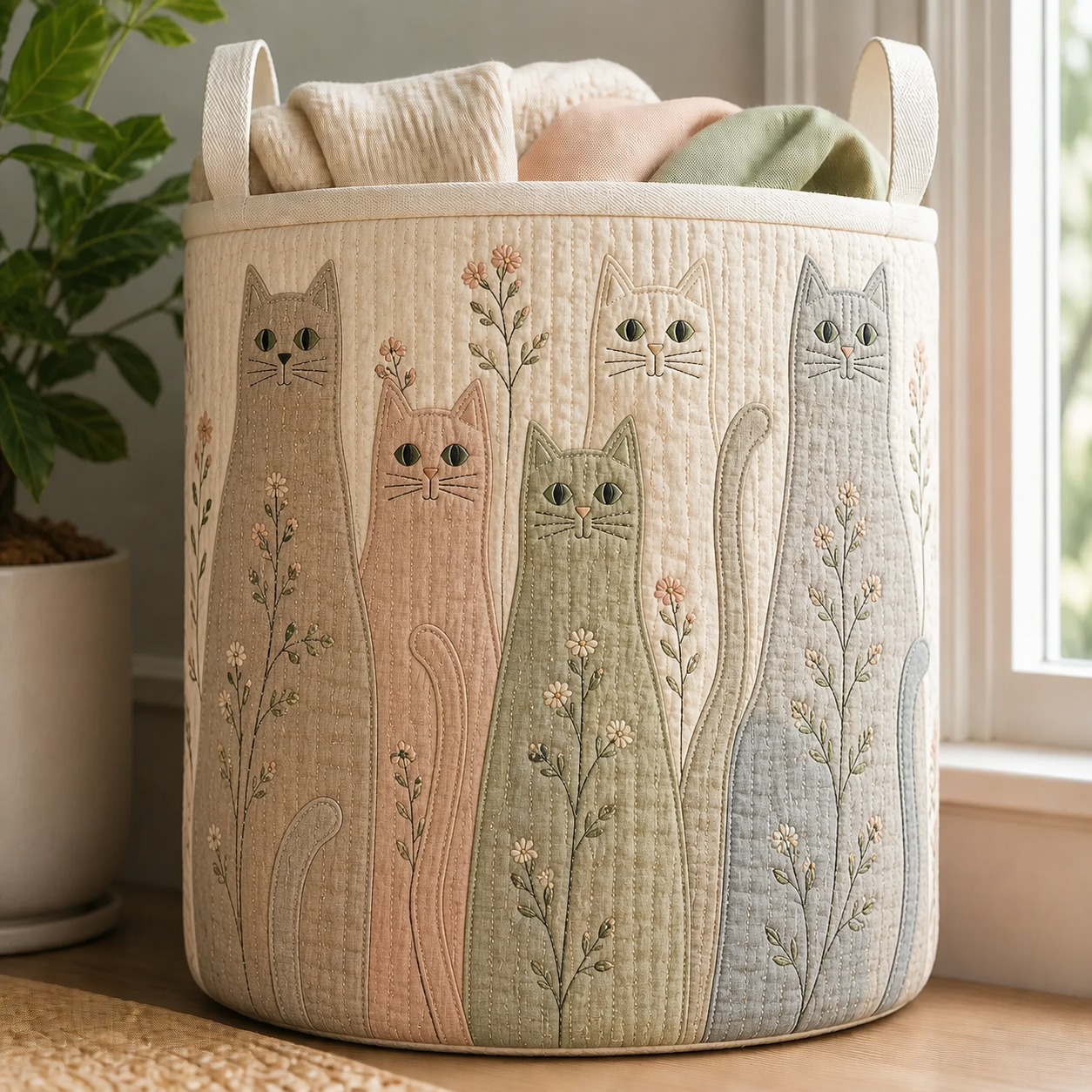 Minimal Pastel Cat Quilted Laundry Basket
