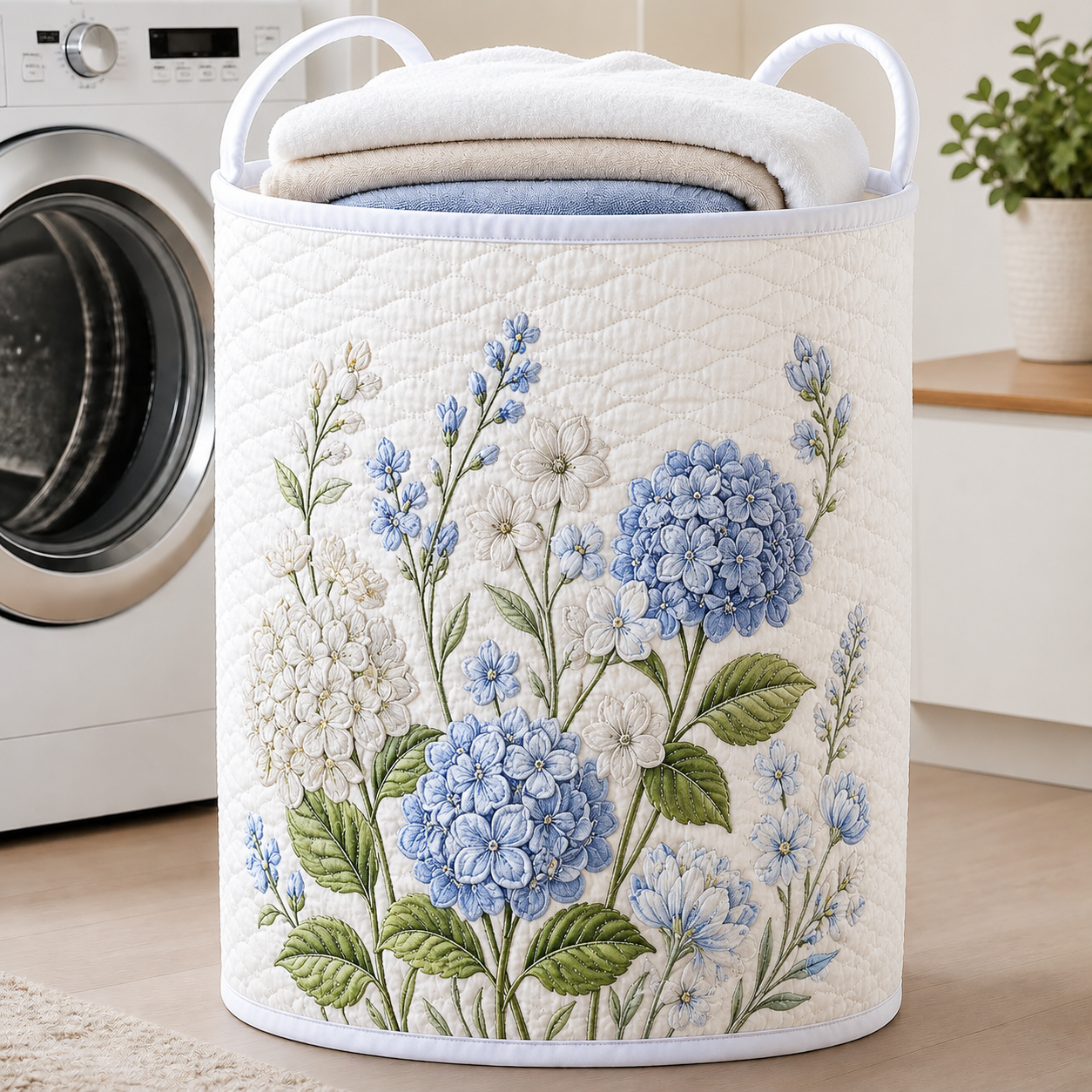Blue Hydrangea Quilted Laundry Basket