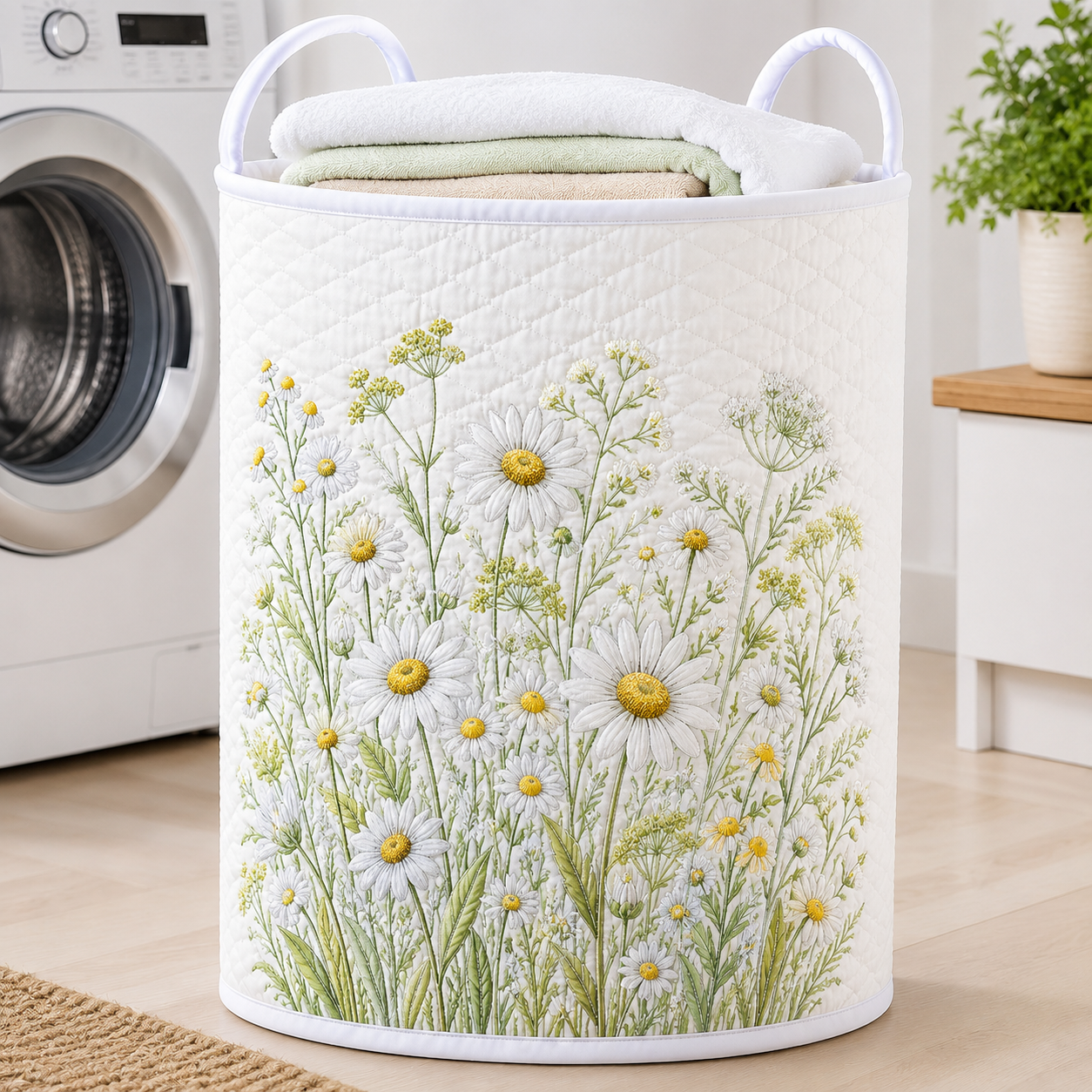 White Daisy Quilted Laundry Basket