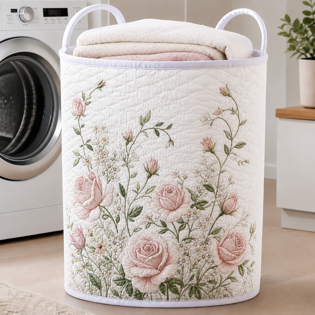 Soft Pink Rose Quilted Laundry Basket