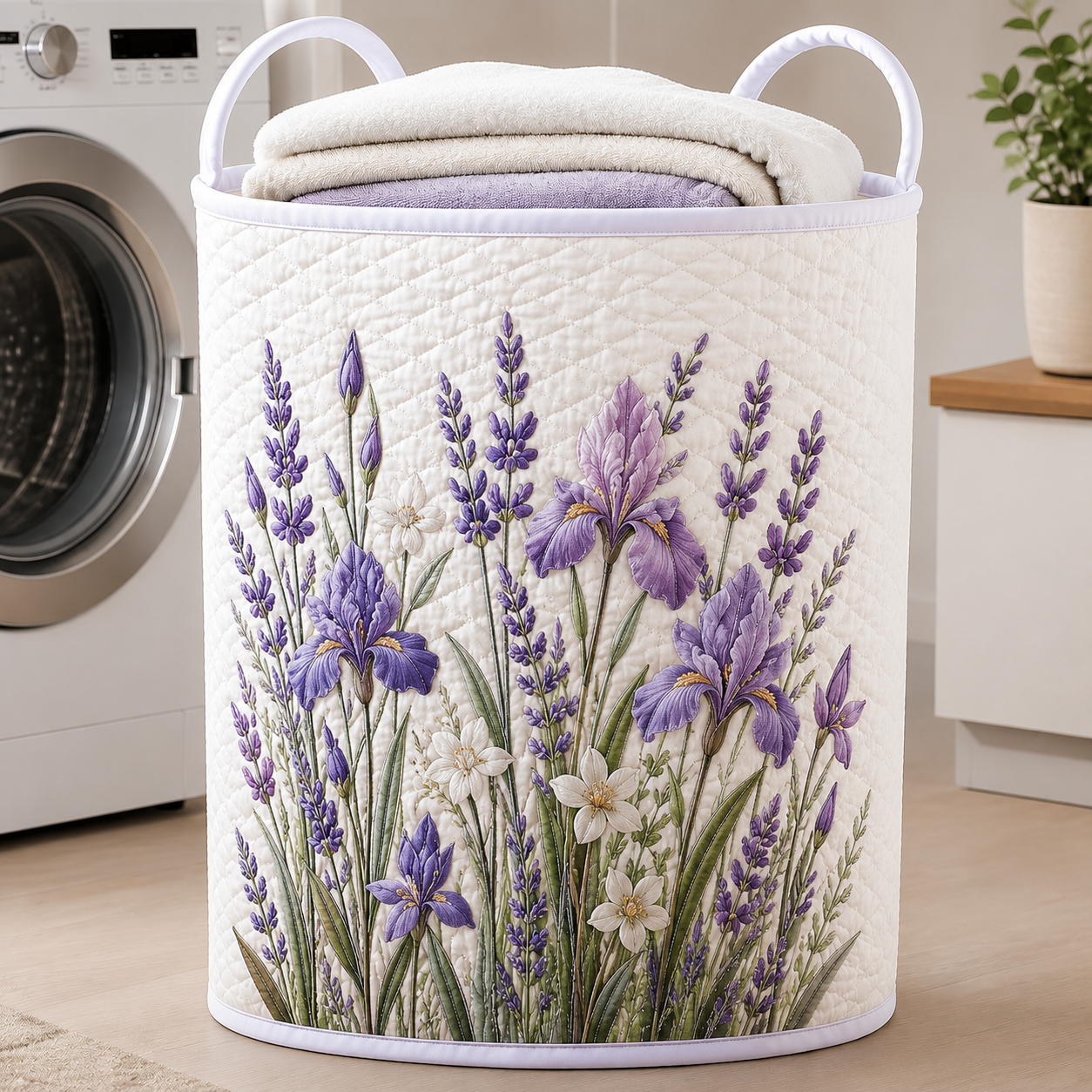 Purple Iris Lavender Quilted Laundry Basket