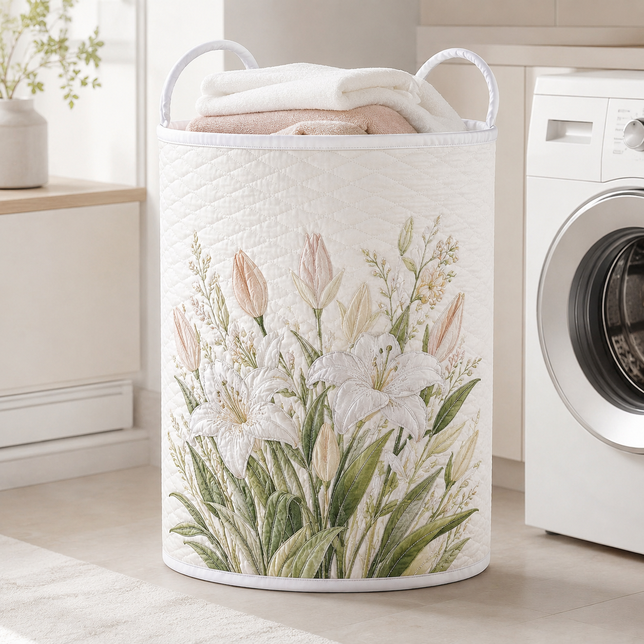 White Lily Quilted Laundry Basket