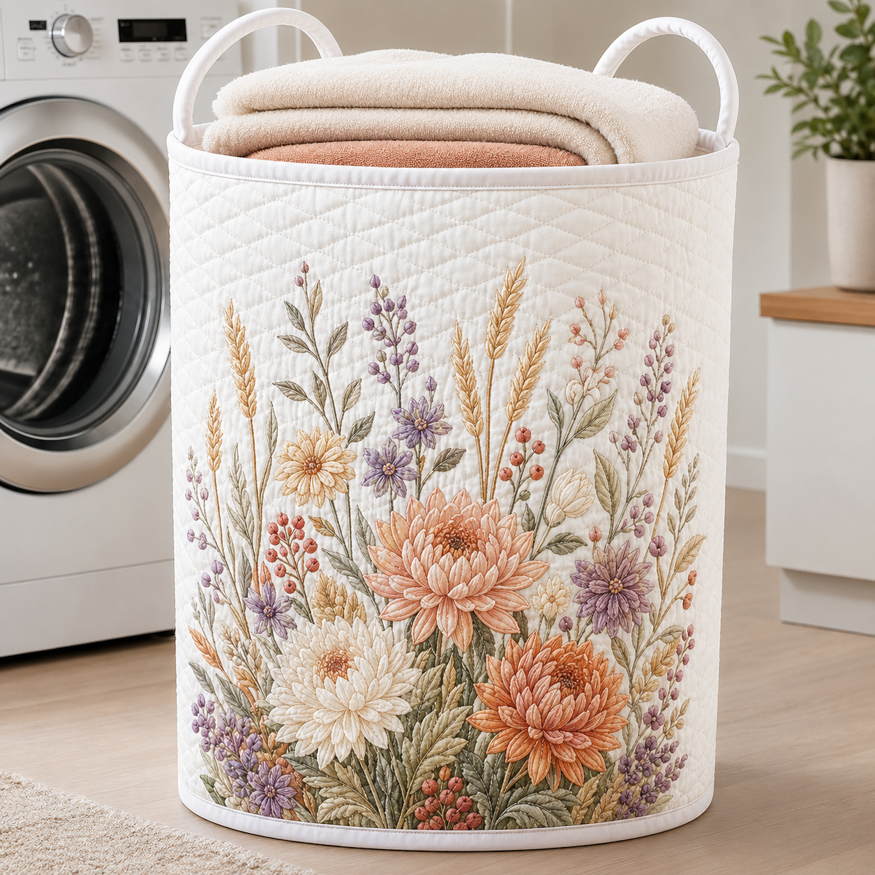 Soft Chrysanthemum Floral Quilted Laundry Basket