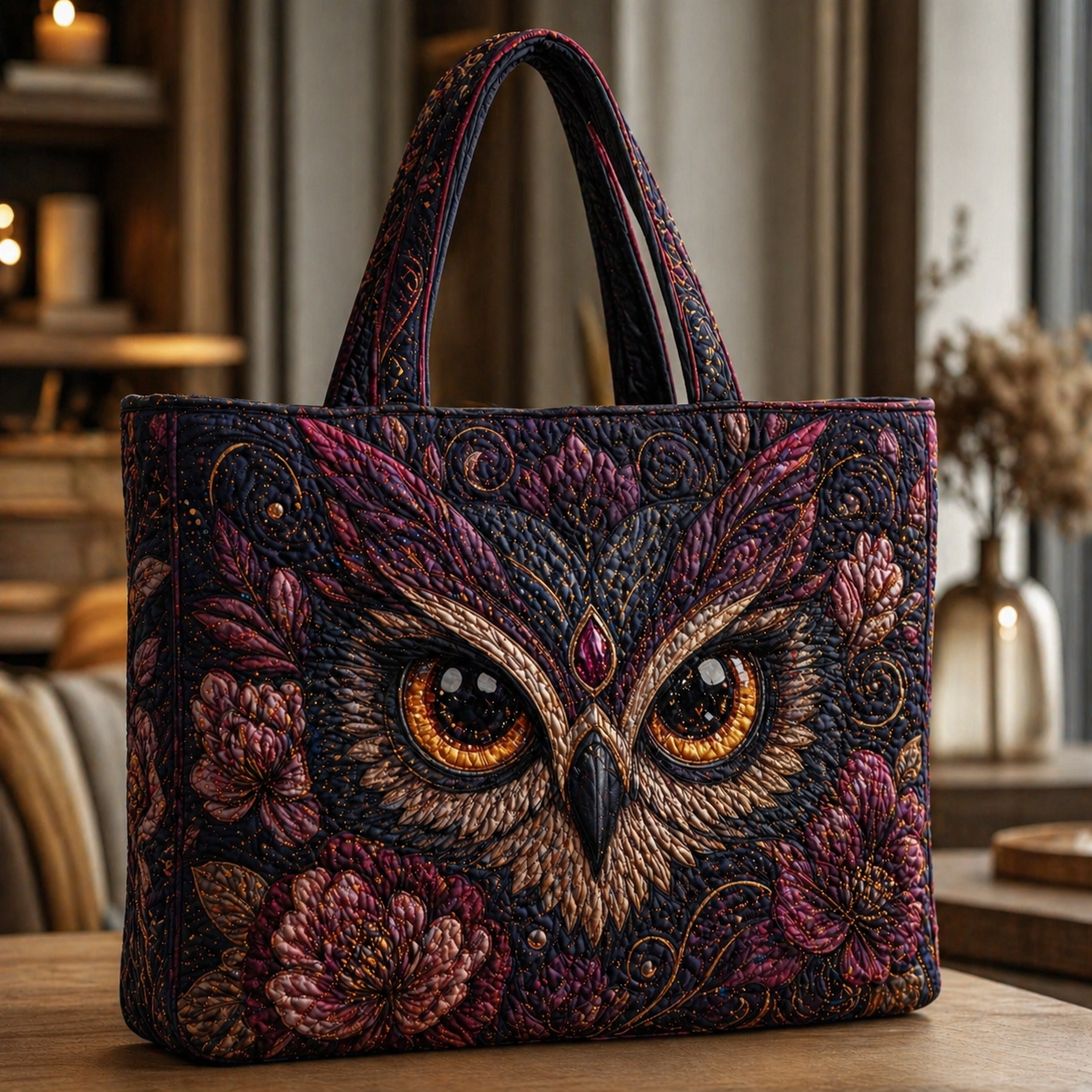 Plum Floral Mystical Owl Quilted Tote Bag