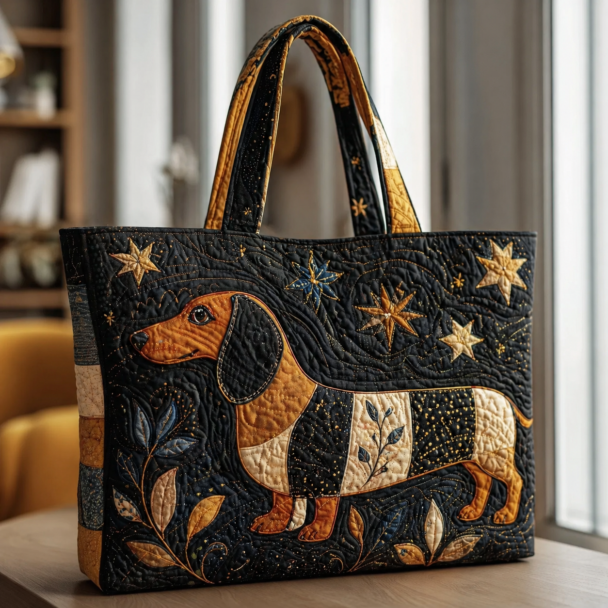 Patchwork Dachshund Starry Night Quilted Tote Bag