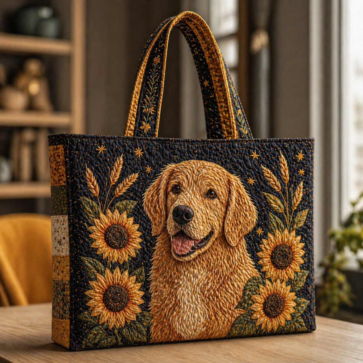Golden Retriever & Sunflower Quilted Tote Bag
