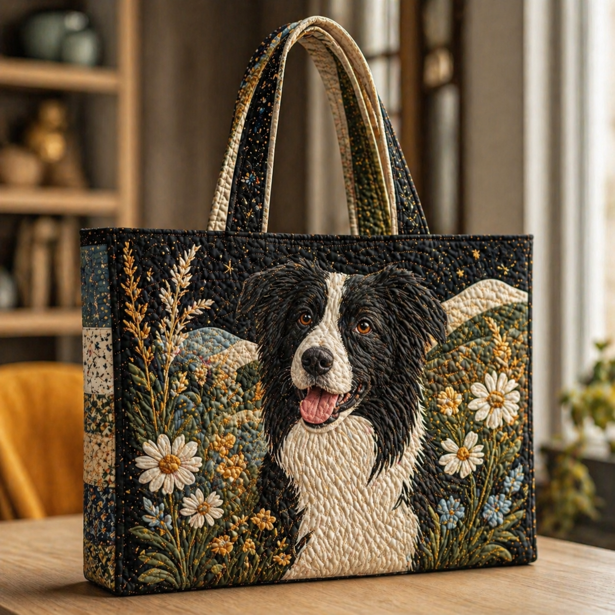Border Collie in Wildflower Meadow Quilted Tote Bag
