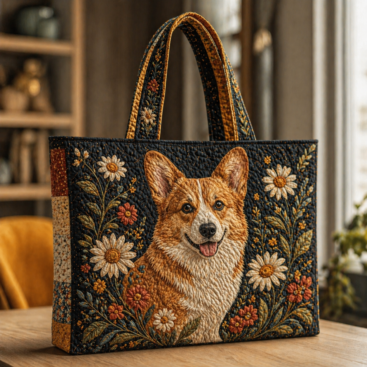 Corgi with Daisies Quilted Tote Bag