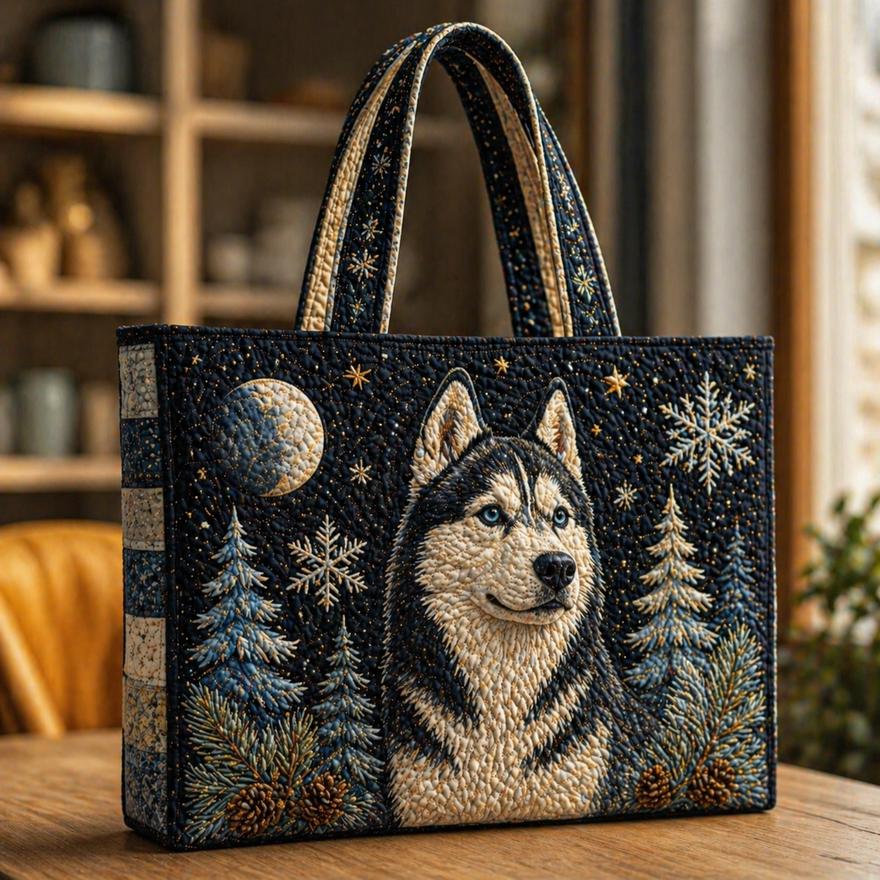 Husky in Winter Starry Night Quilted Tote Bag