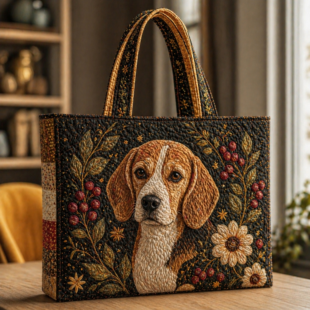 Beagle with Berries and Daisies Quilted Tote Bag