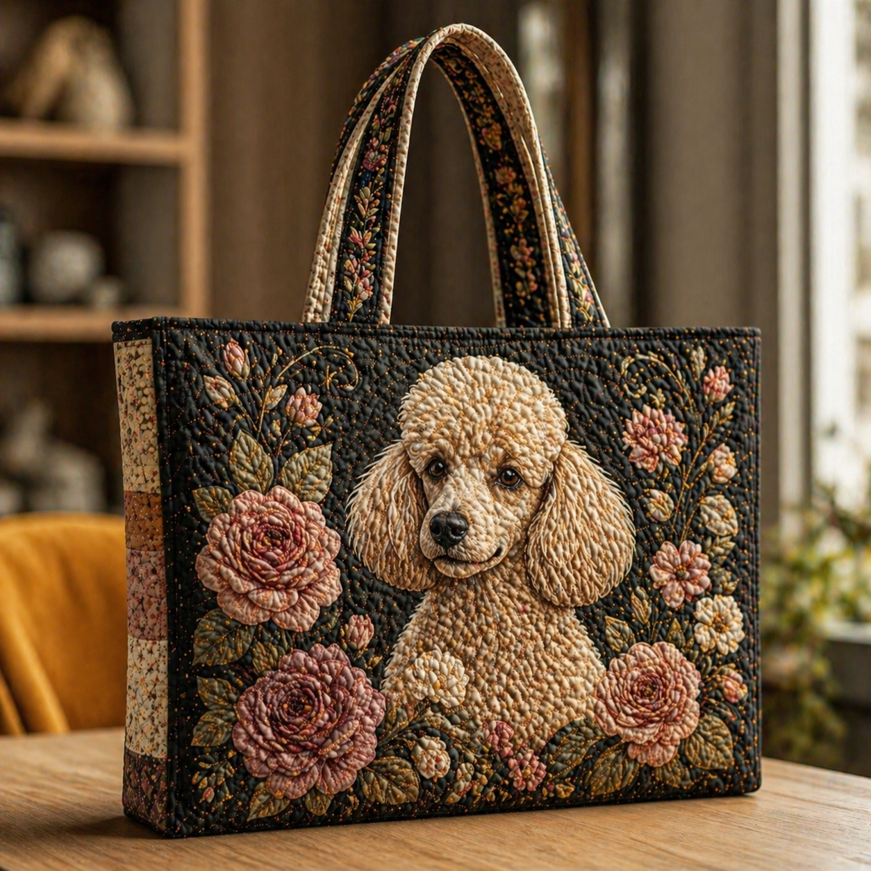 Poodle with Vintage Roses Quilted Tote Bag