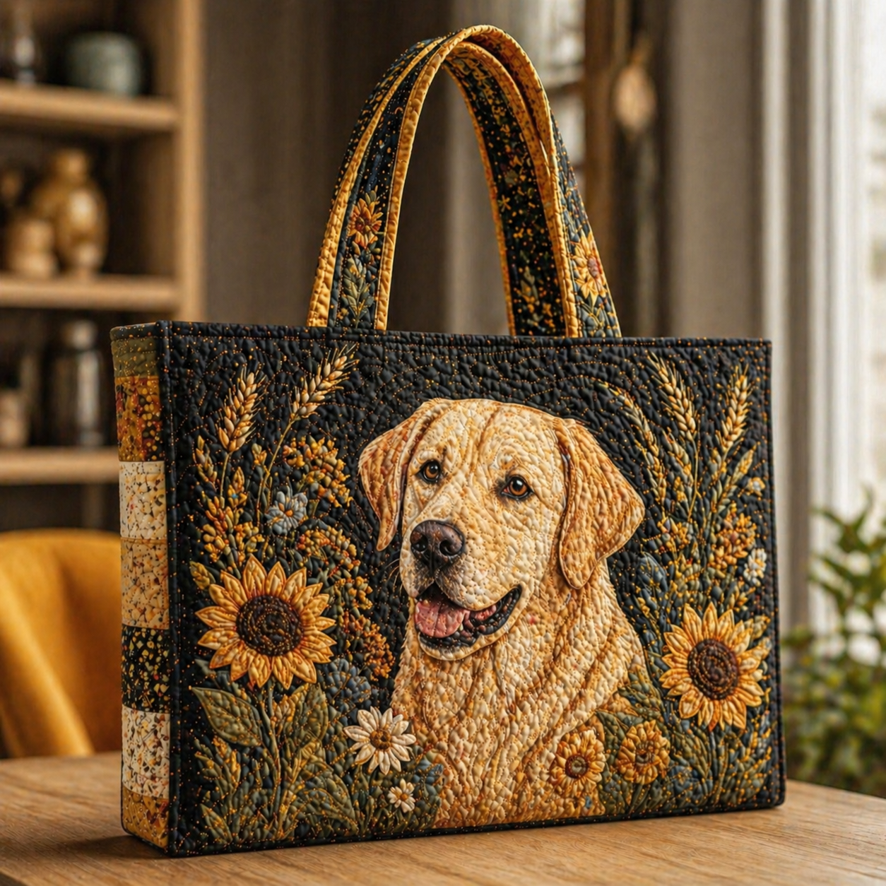 Labrador Retriever with Sunflowers Quilted Tote Bag