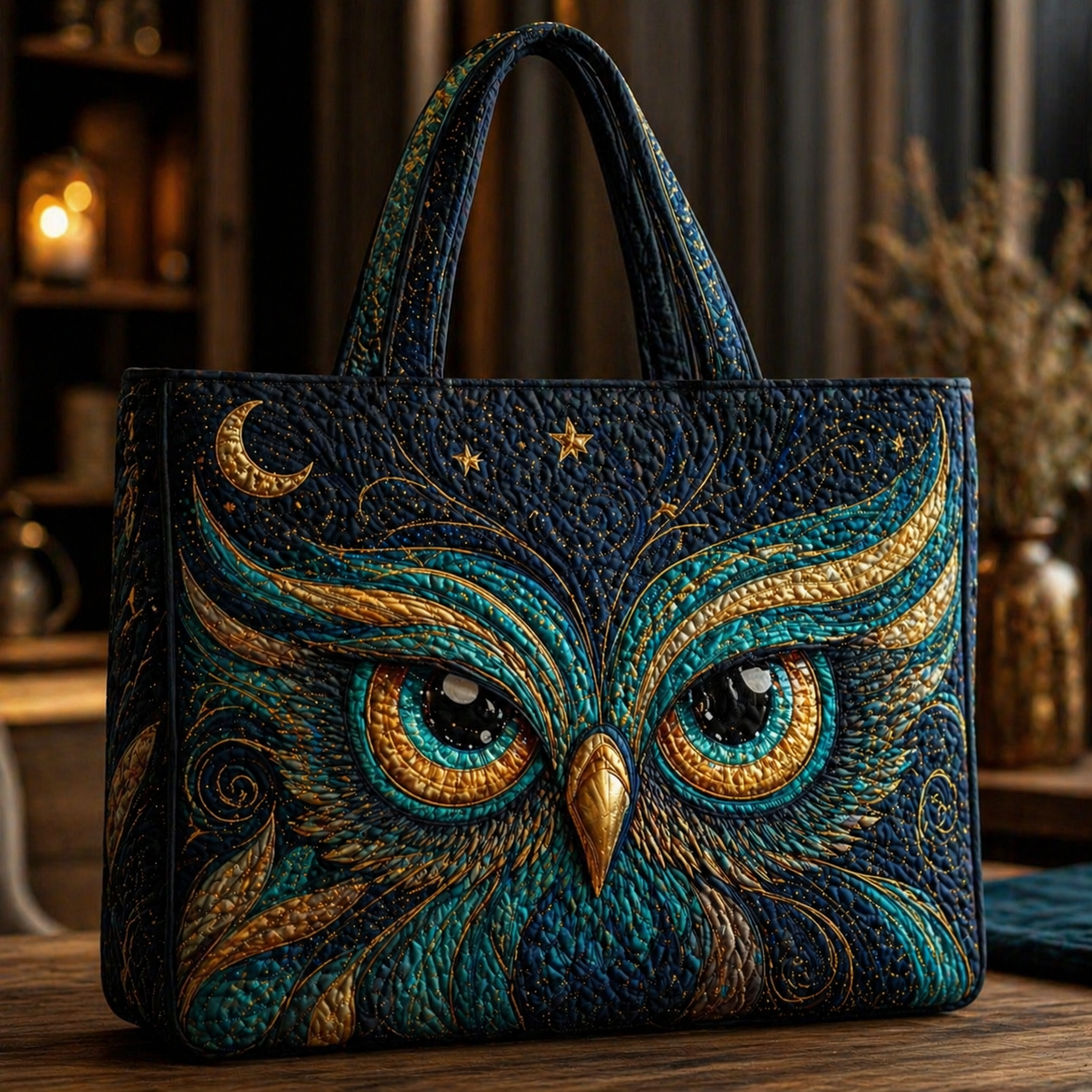 Starry Night Teal & Gold Owl Quilted Tote Bag