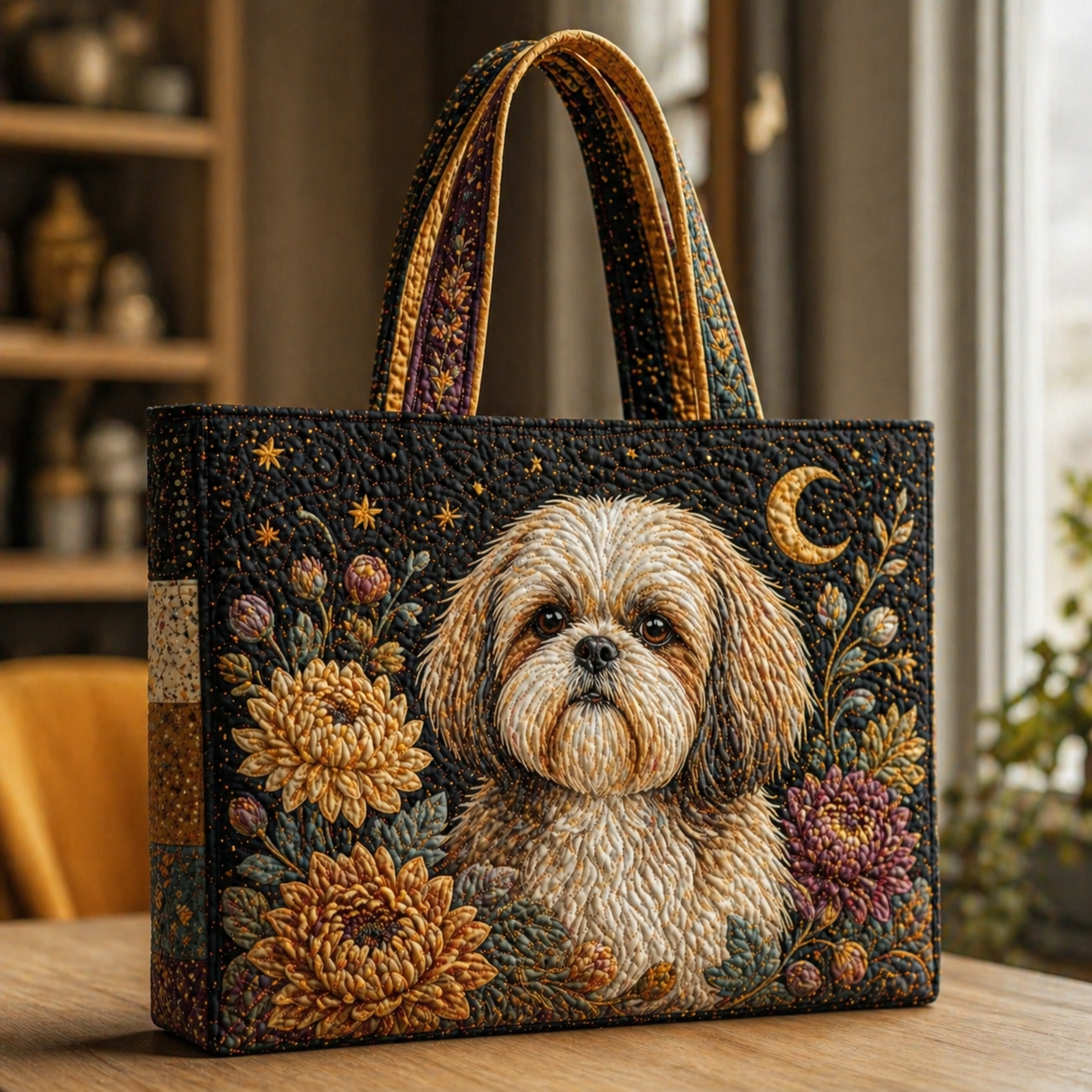 Shih Tzu with Chrysanthemums Under the Moon Quilted Tote Bag