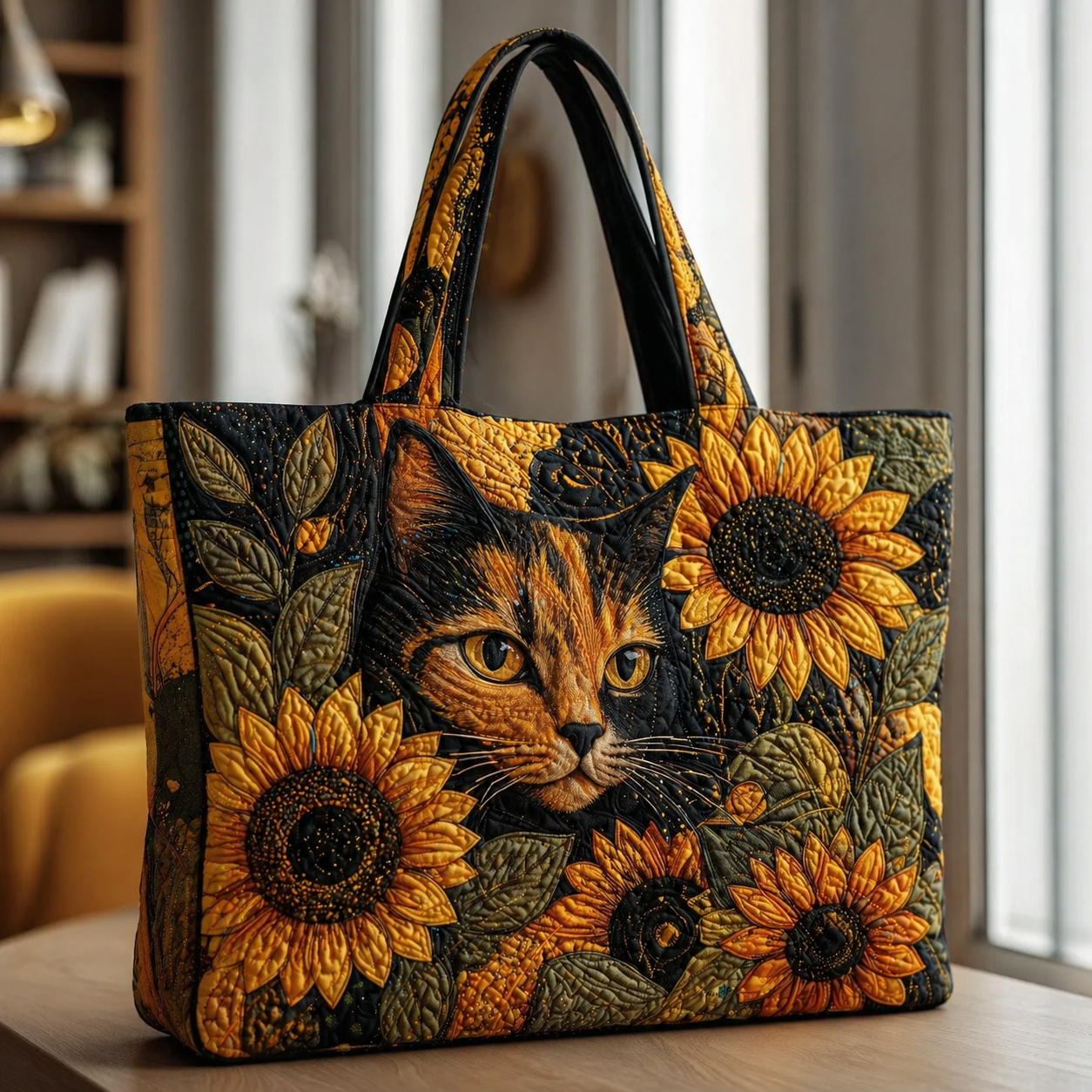 Tabby Cat and Sunflower Quilted Tote Bag