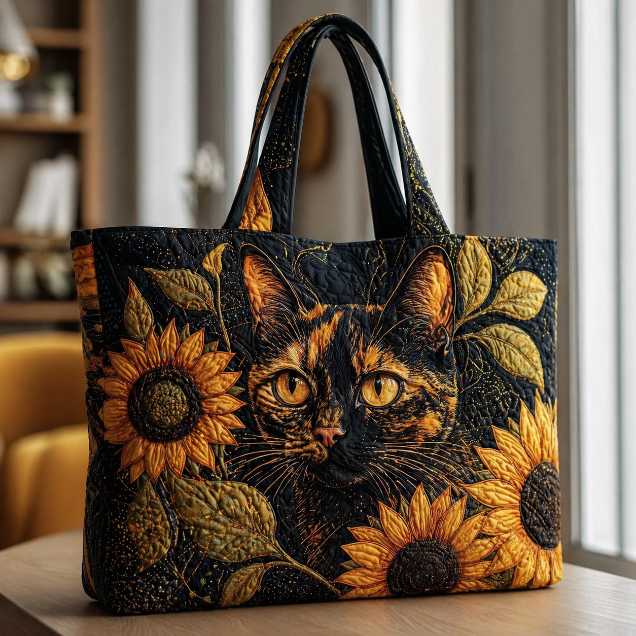 Tortoiseshell Cat & Sunflower Night Quilted Tote Bag