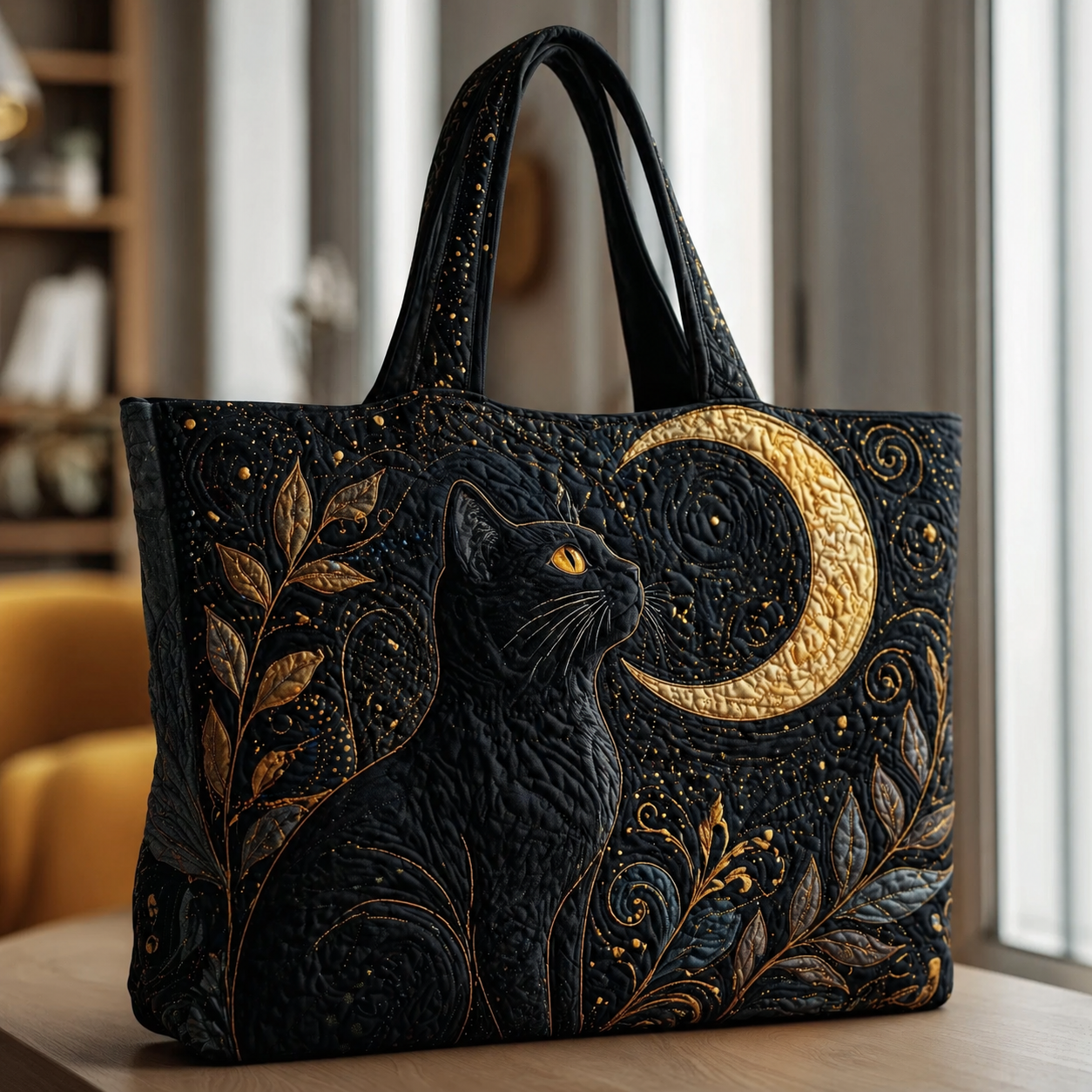 Black Cat Under the Crescent Moon Quilted Tote Bag