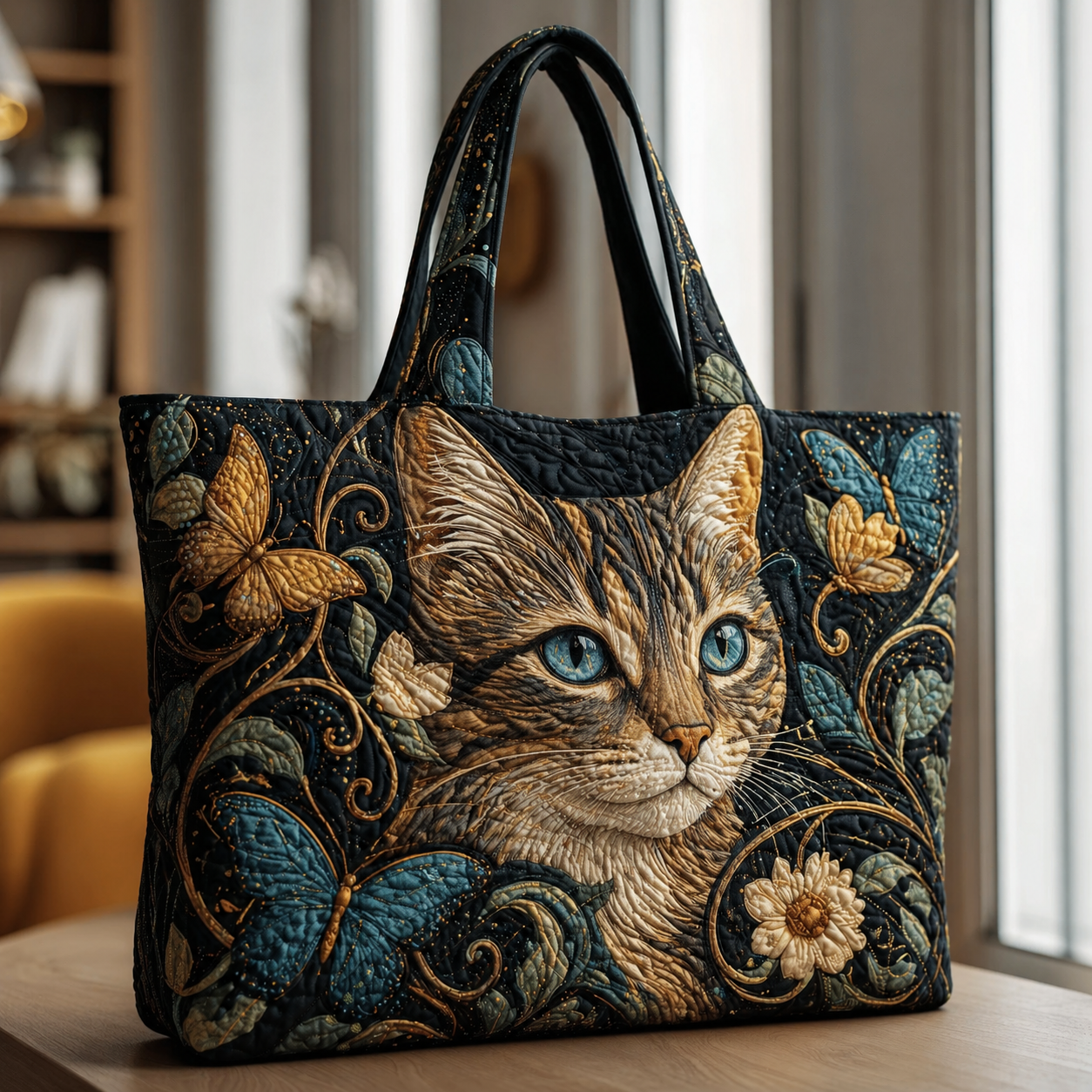 Blue-eyed Tabby Cat & Butterfly Quilted Tote Bag