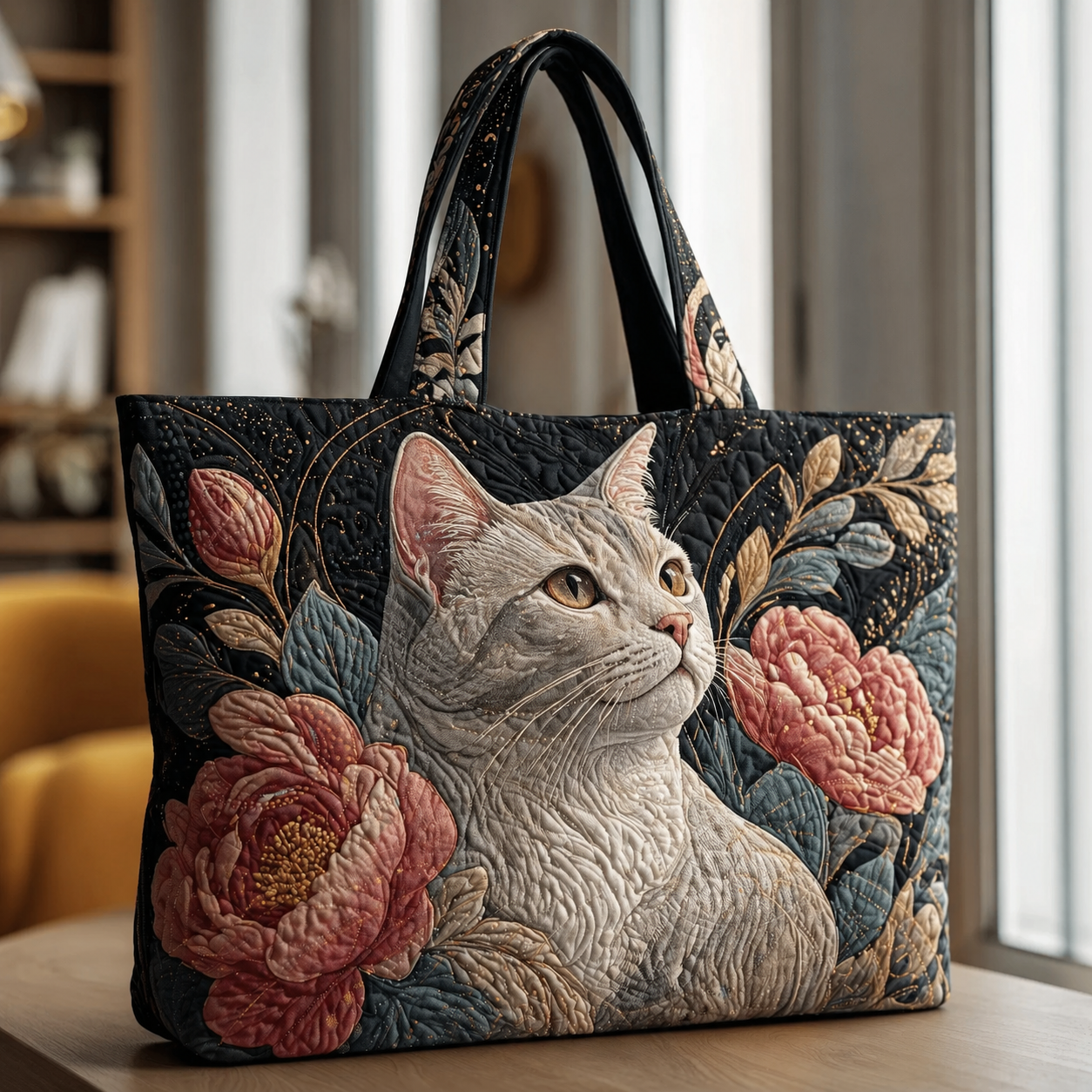 White Cat and Peony Floral Quilted Tote Bag