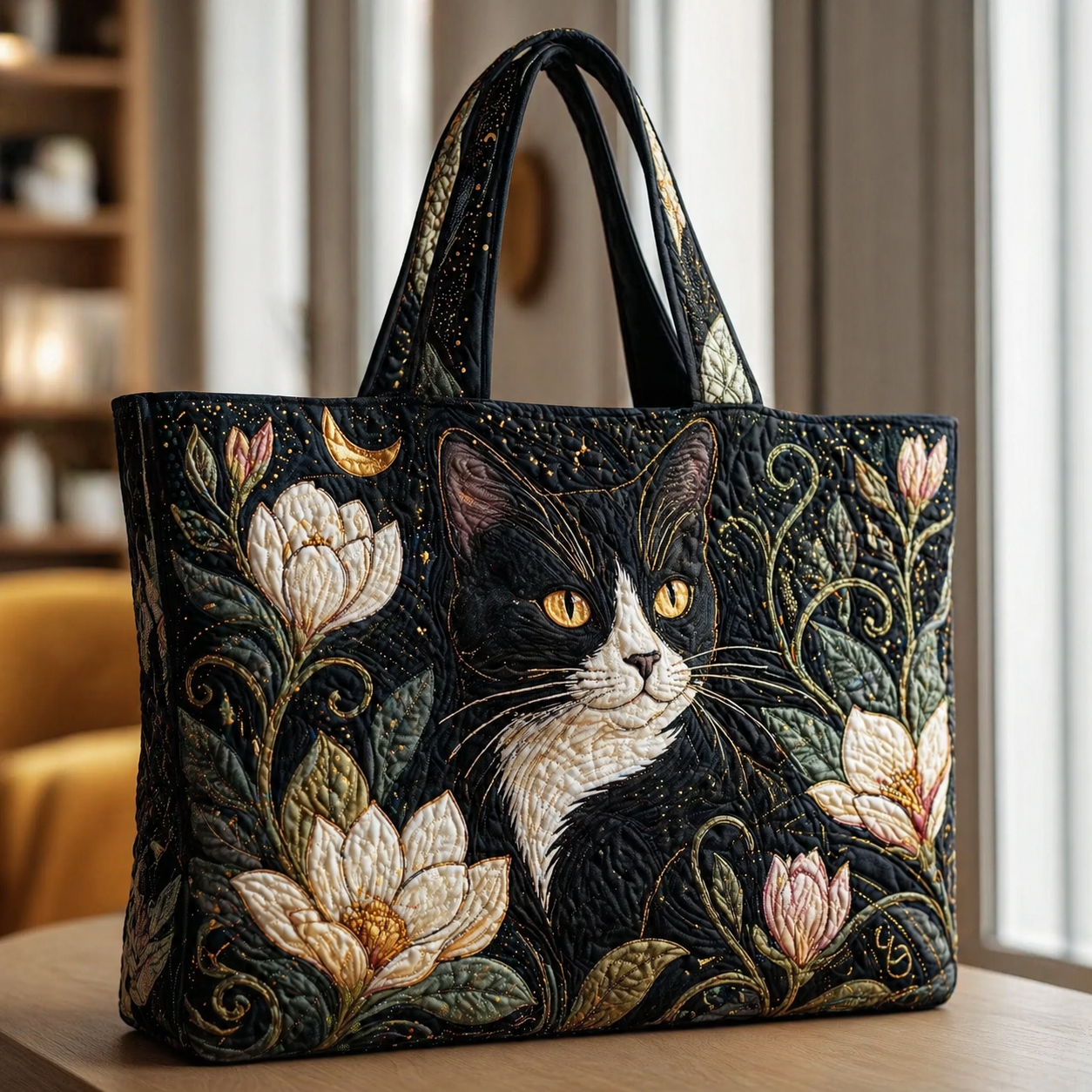 Tuxedo Cat & Magnolia Quilted Tote Bag