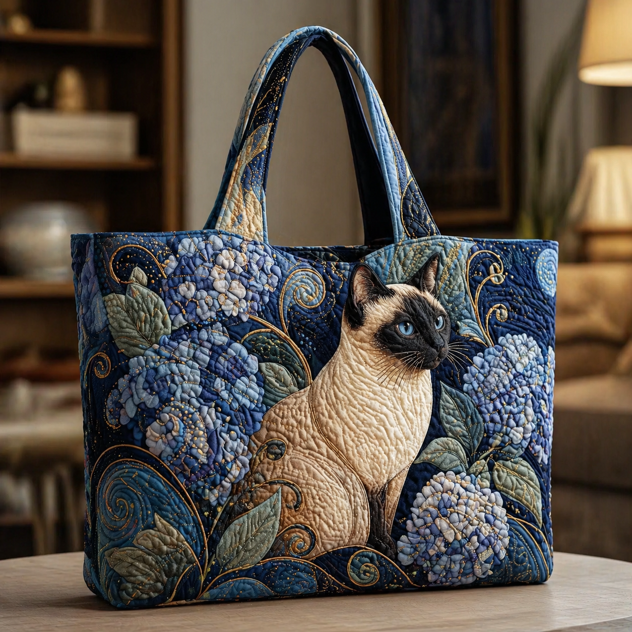 Siamese Cat and Hydrangea Blue Quilted Tote Bag