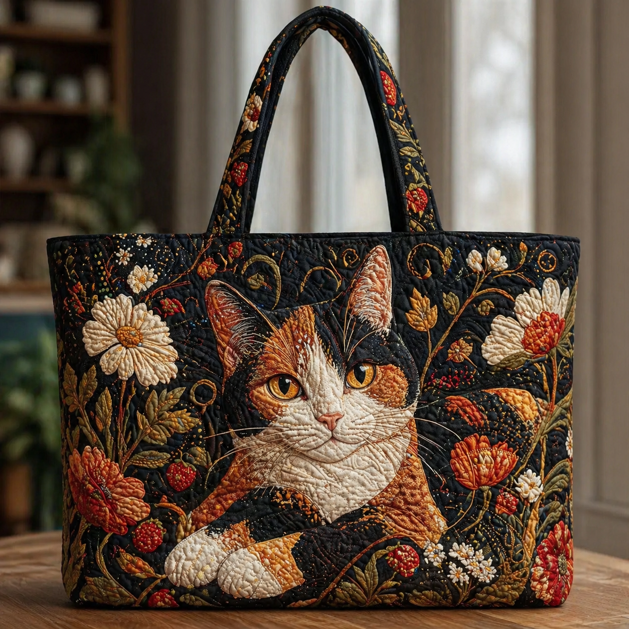 Calico Cat & Wildflower Quilted Tote Bag