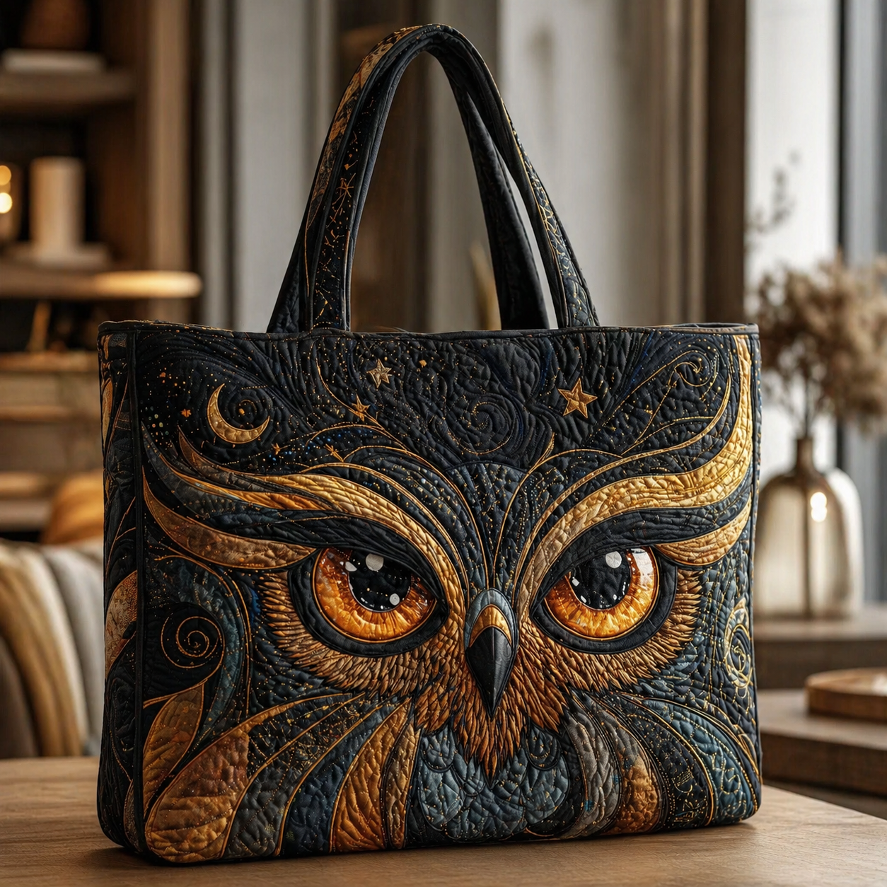 Celestial Night Owl in Black & Gold Quilted Tote Bag