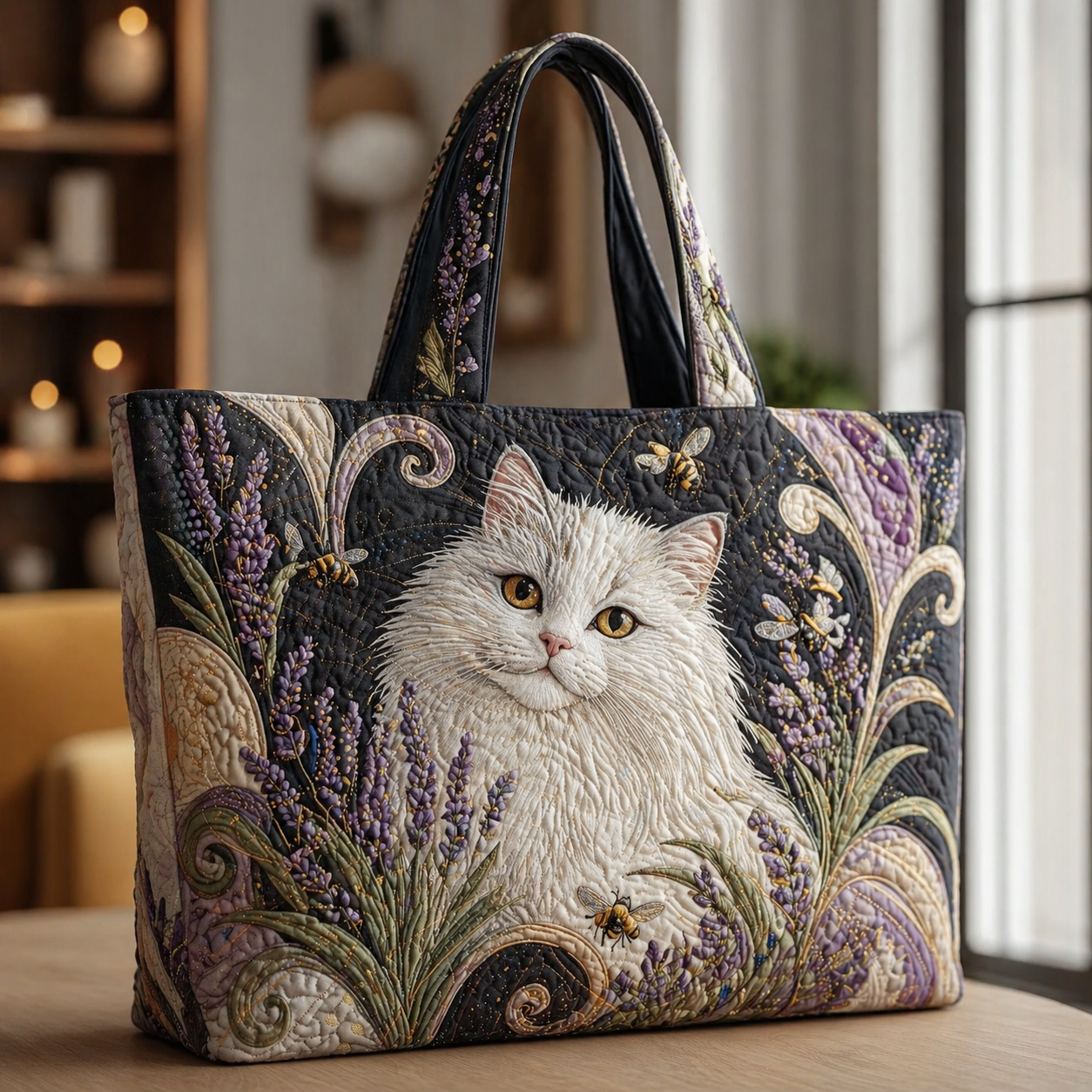 White Cat & Lavender with Bees Quilted Tote Bag