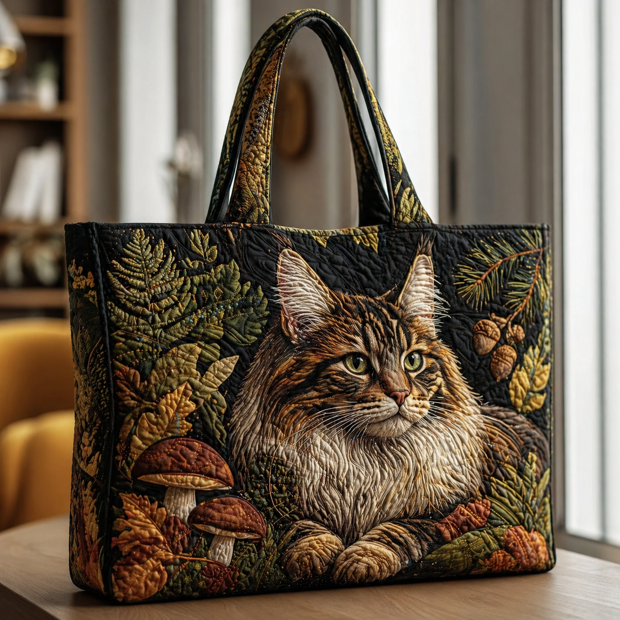 Forest Maine Coon with Mushrooms Quilted Tote Bag