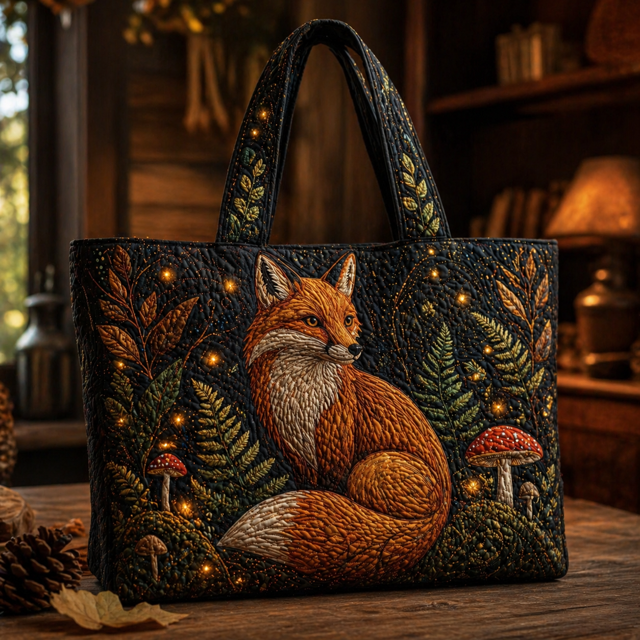 Autumn Oak & Fox Under the Moon Quilted Tote Bag