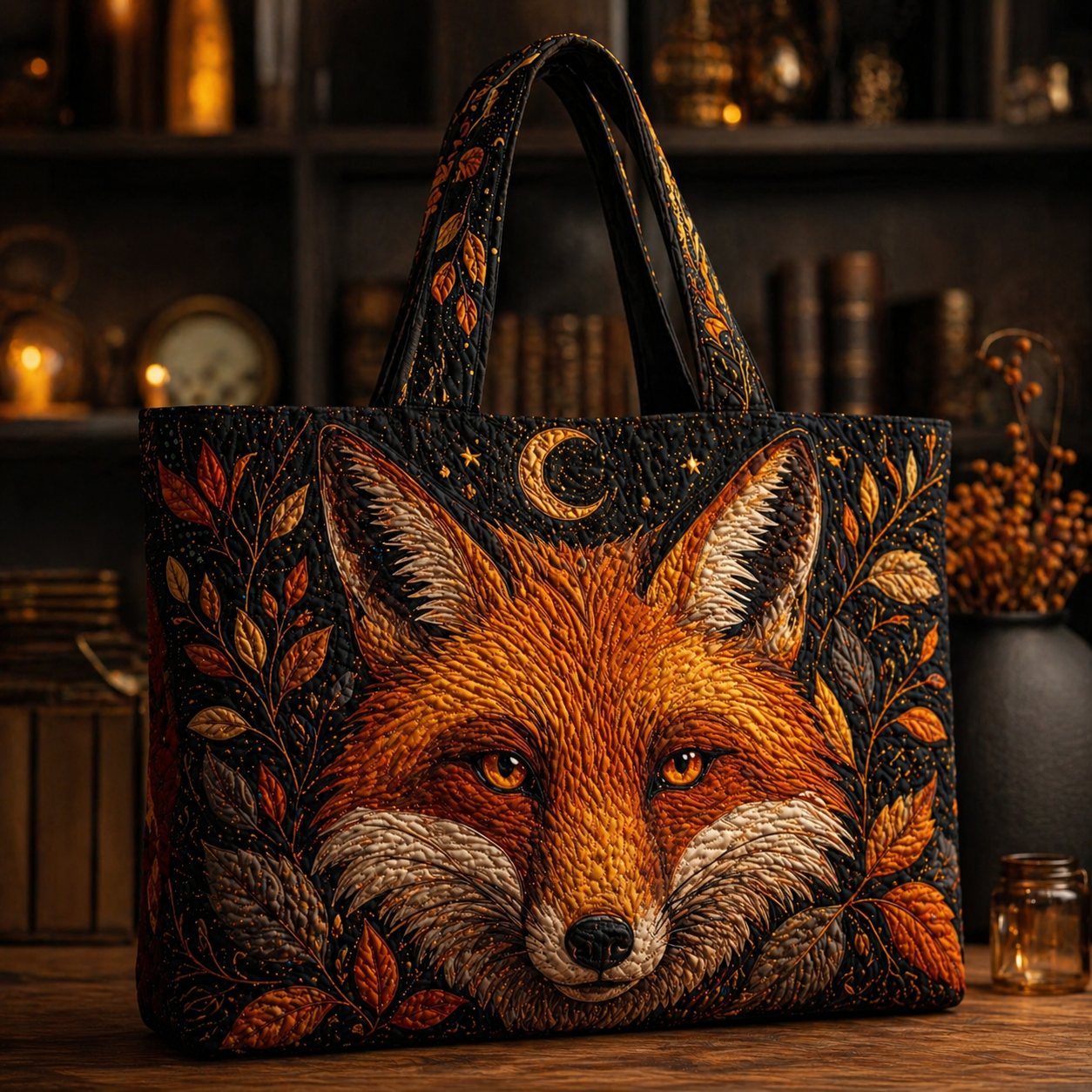Crescent Moon Fox Portrait Quilted Tote Bag