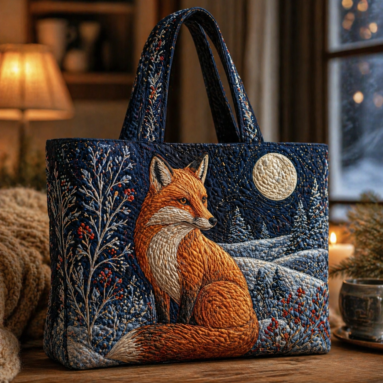 Winter Night Fox with Moonlight Quilted Tote Bag