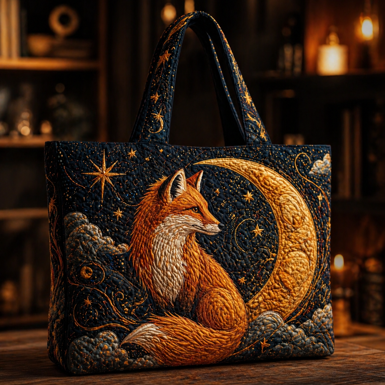 Fox Sitting on Crescent Moon & Starry Sky Quilted Tote Bag