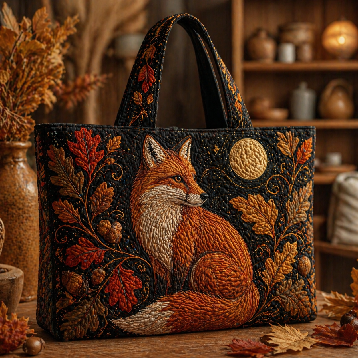 Autumn Oak & Fox Under the Moon Quilted Tote Bag