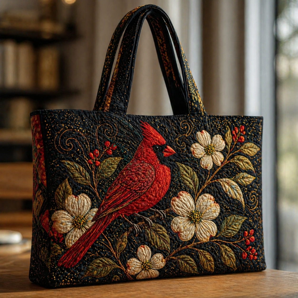 Northern Cardinal & Dogwood Quilted Tote Bag