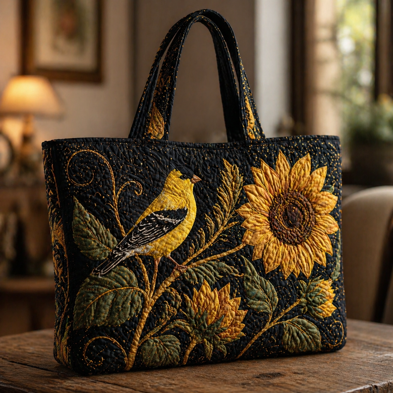 American Goldfinch & Sunflower Quilted Tote Bag