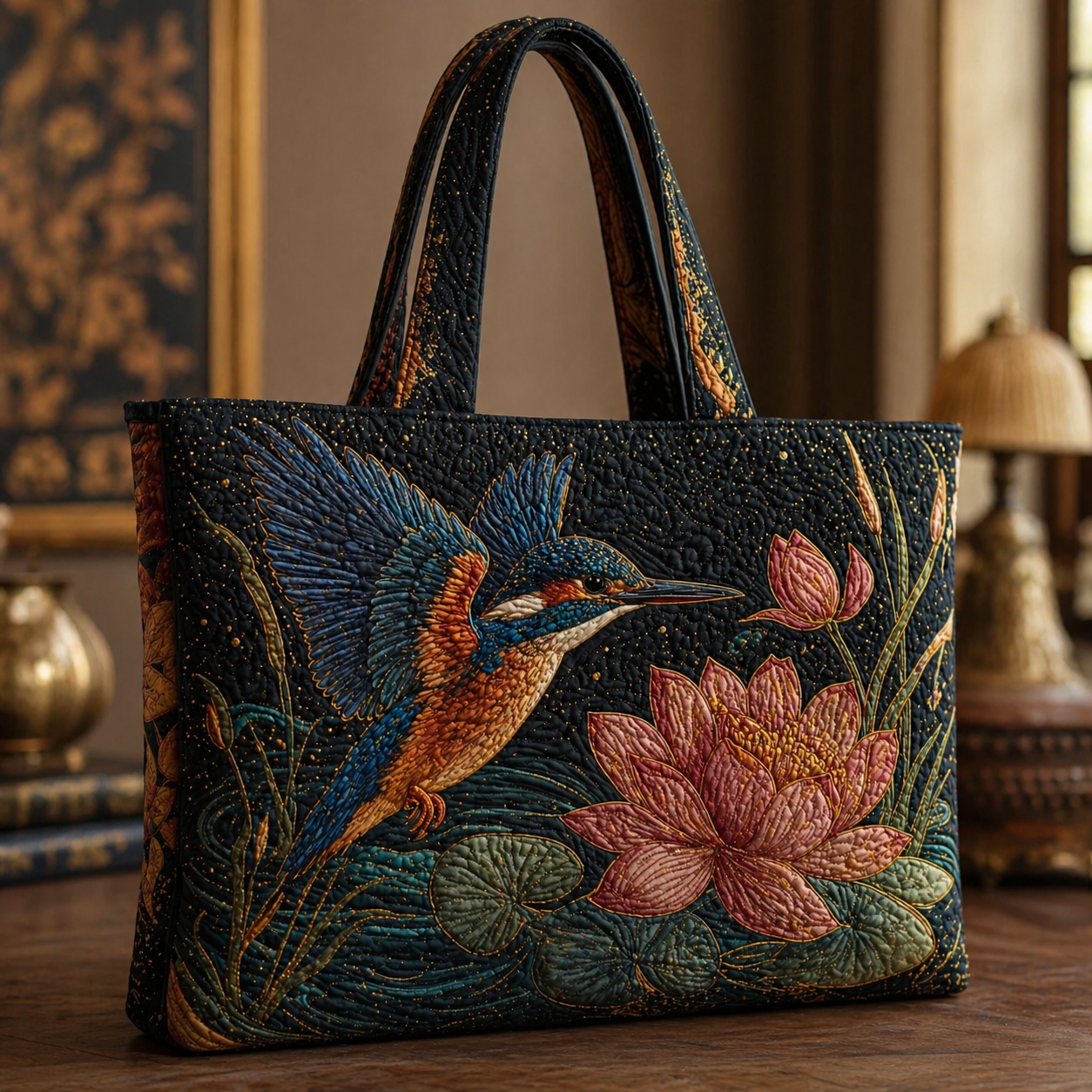 Kingfisher & Lotus Pond Quilted Tote Bag