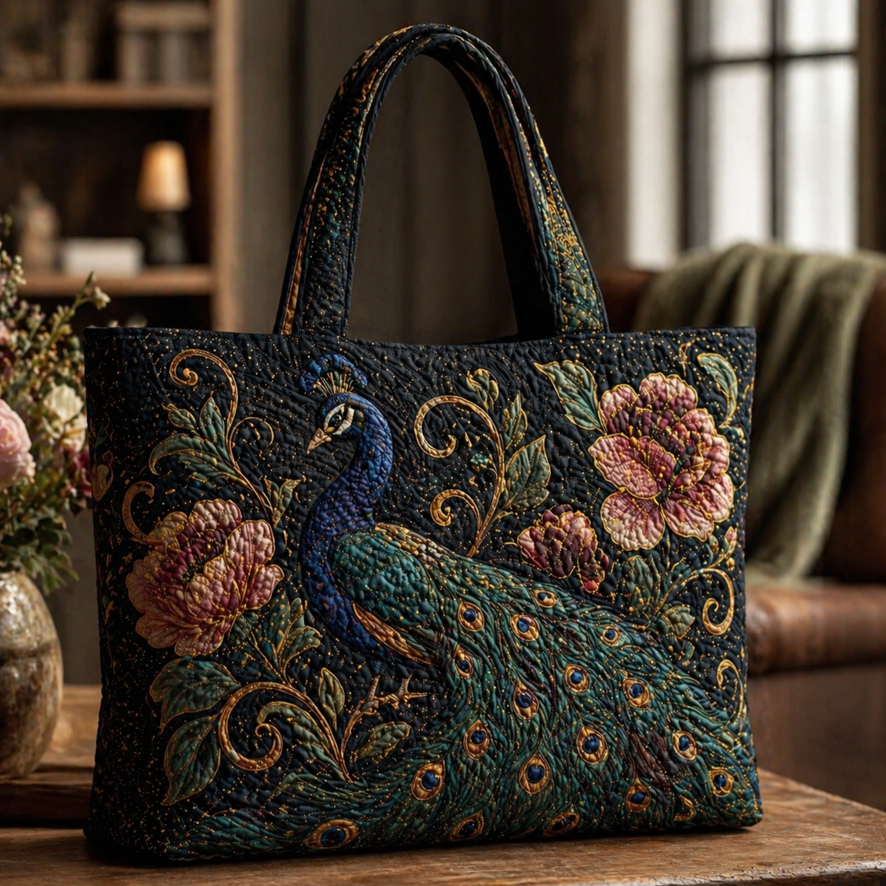 Peacock & Peony Floral Quilted Tote Bag