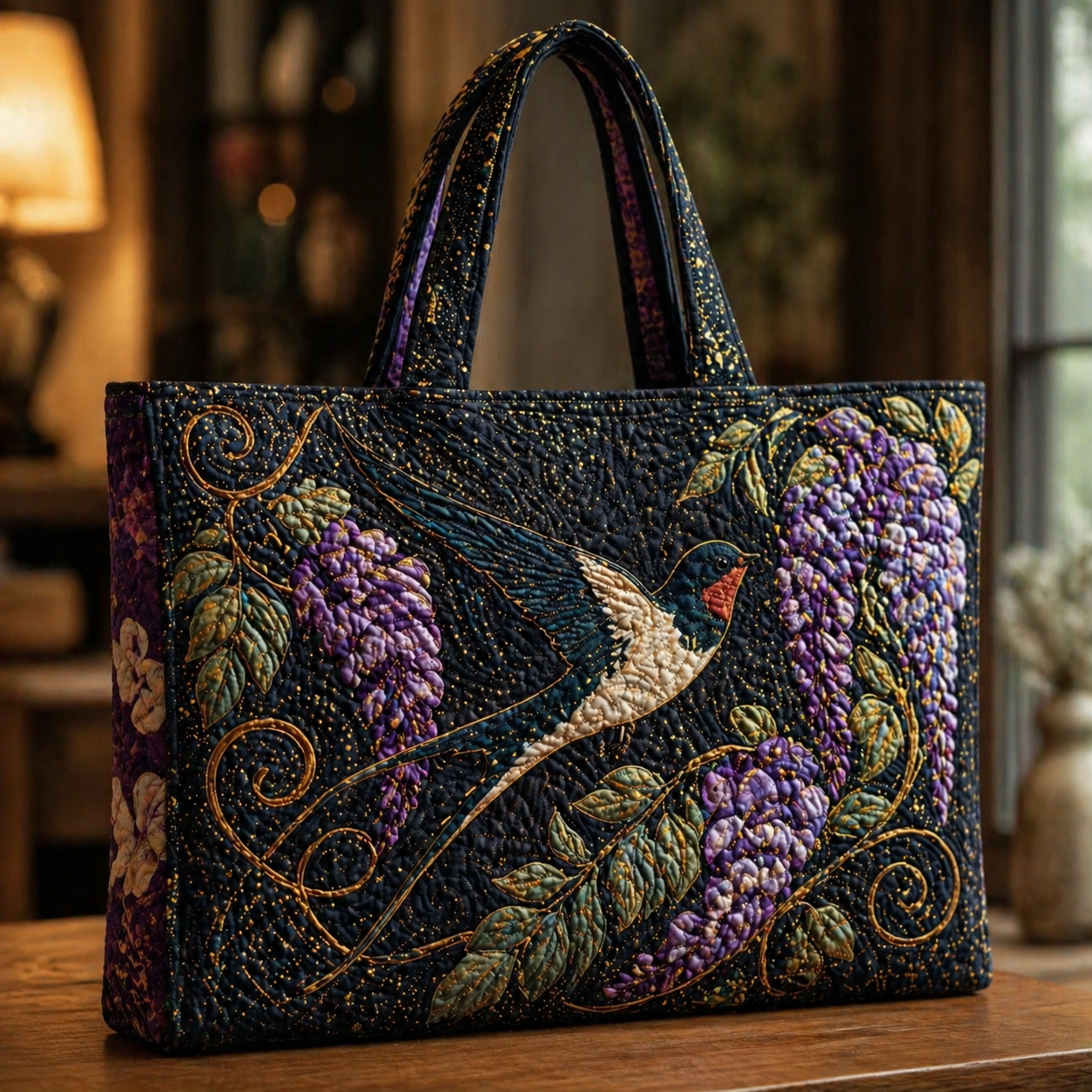 Swallow & Wisteria Night Quilted Tote Bag