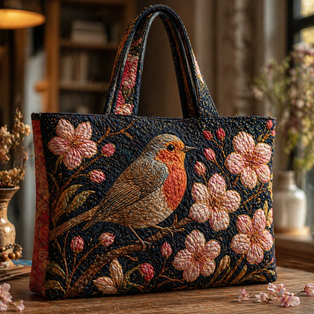 Robin & Cherry Blossom Quilted Tote Bag