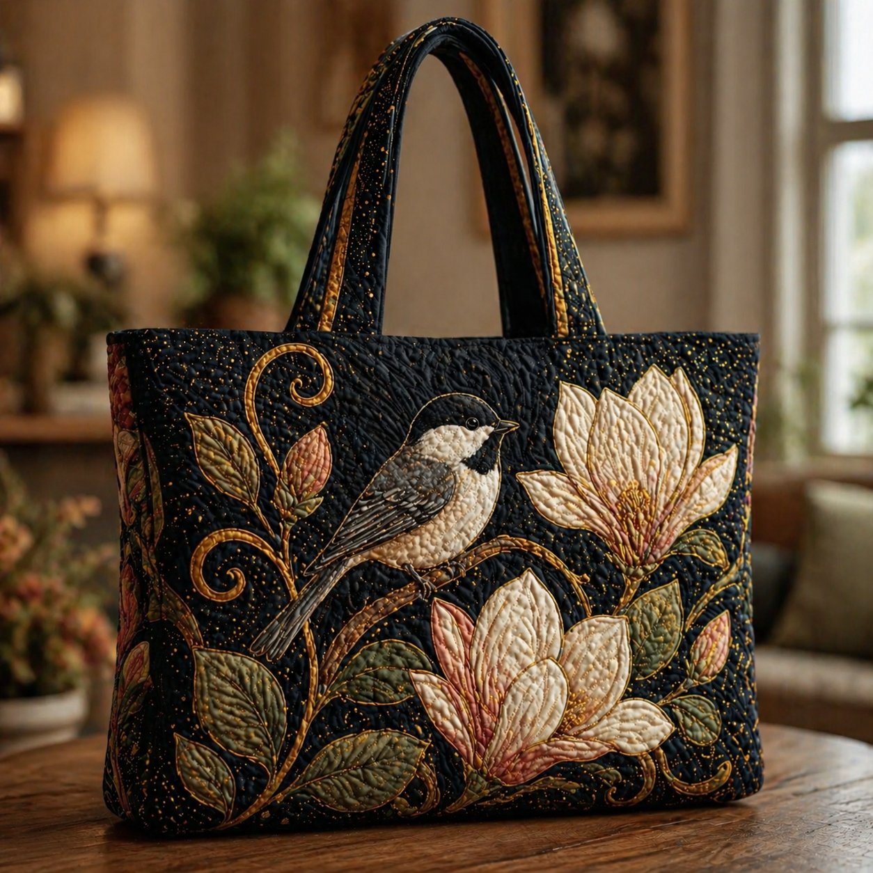 Chickadee & Magnolia Quilted Tote Bag