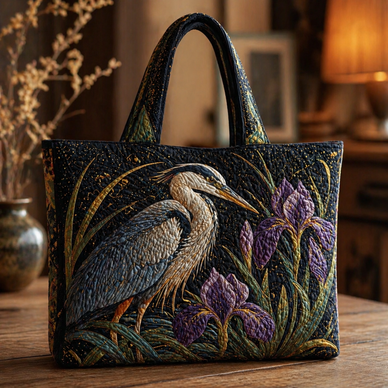 Heron & Purple Iris Quilted Tote Bag