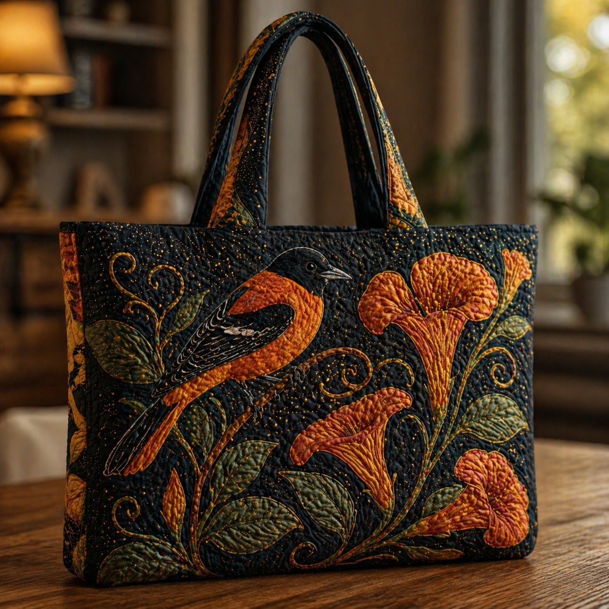 Baltimore Oriole & Trumpet Vine Quilted Tote Bag