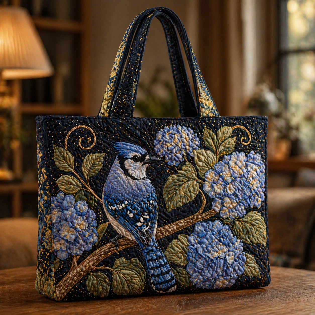 Blue Jay & Hydrangea Quilted Tote Bag