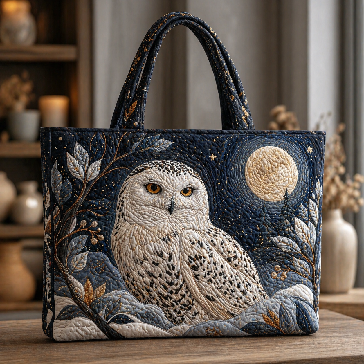 Snowy Owl Under the Full Moon Quilted Tote Bag