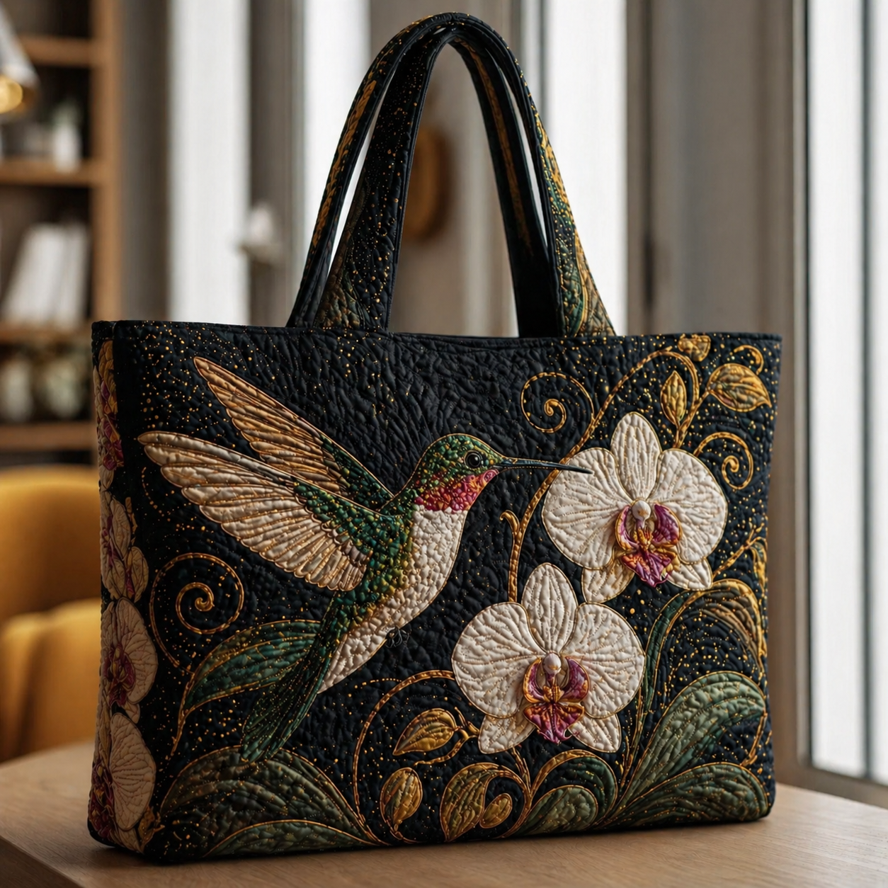 Hummingbird & Orchid Quilted Tote Bag