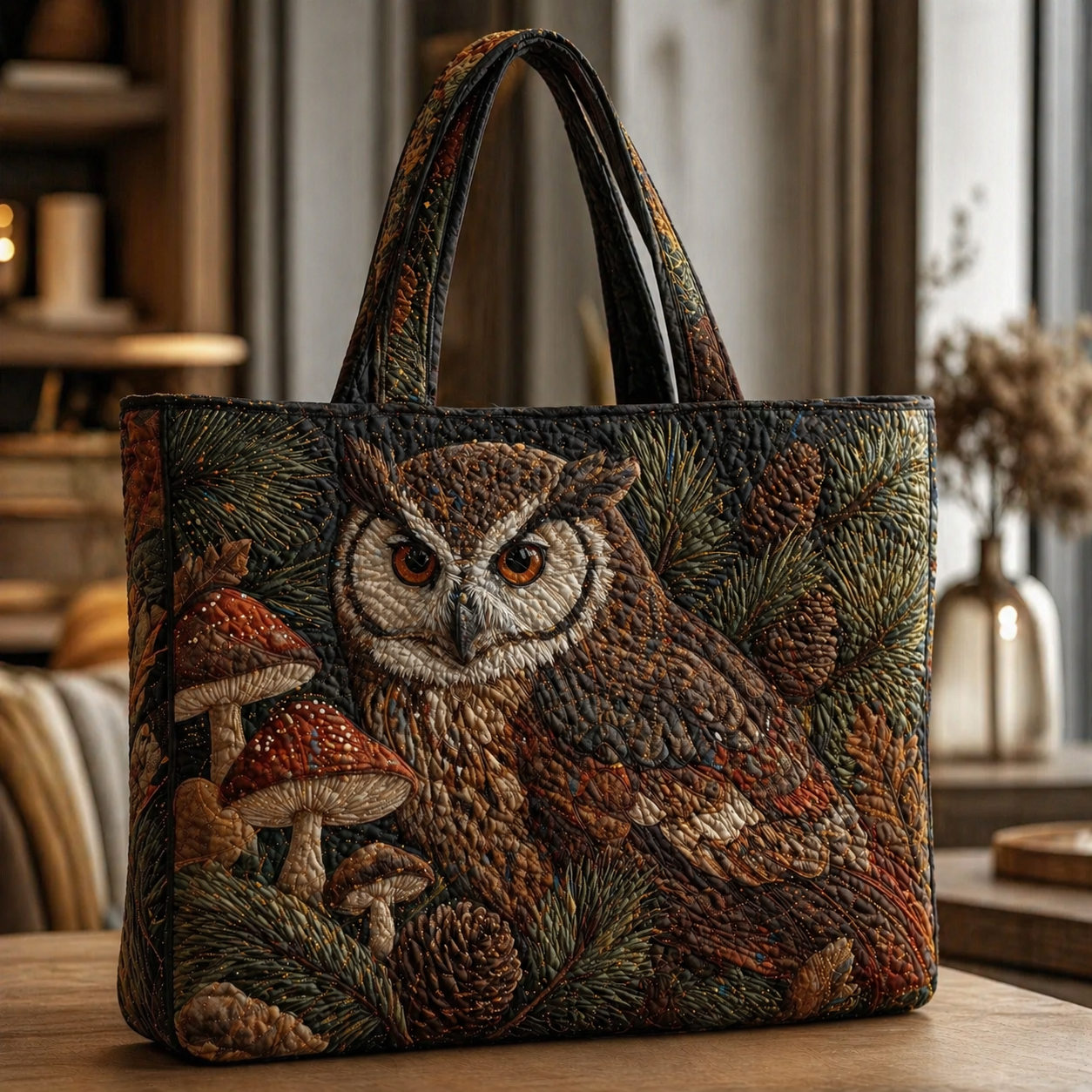 Woodland Owl with Mushrooms and Pinecones Quilted Tote Bag