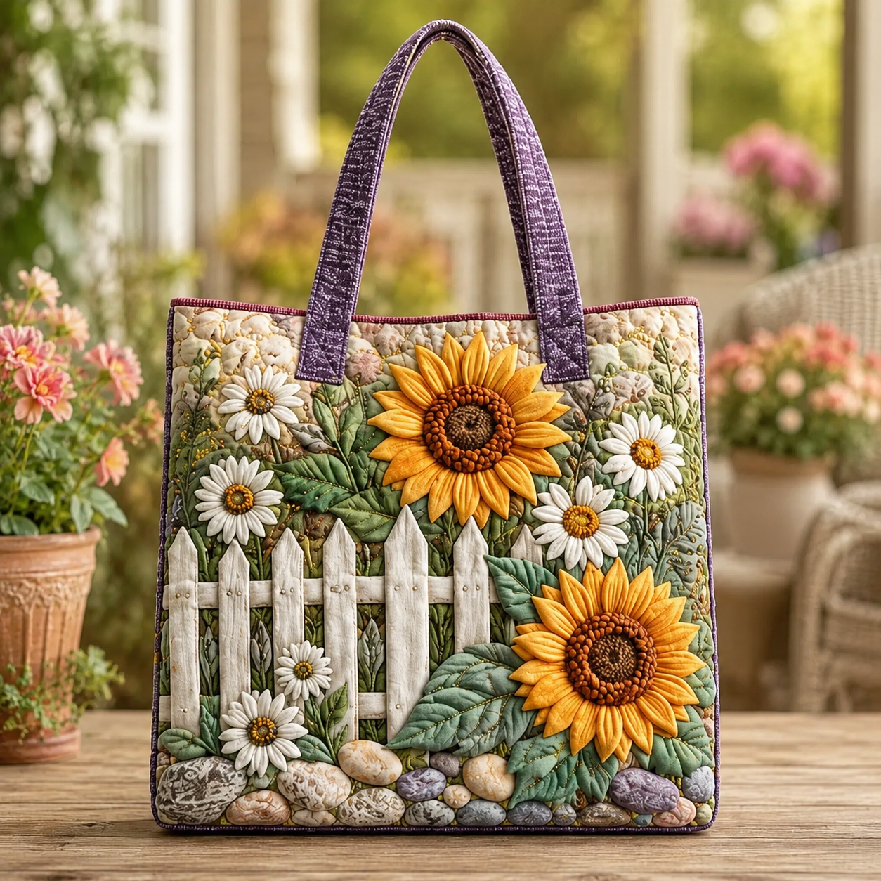 Sunflower & Daisy Garden Fence Quilted Tote Bag